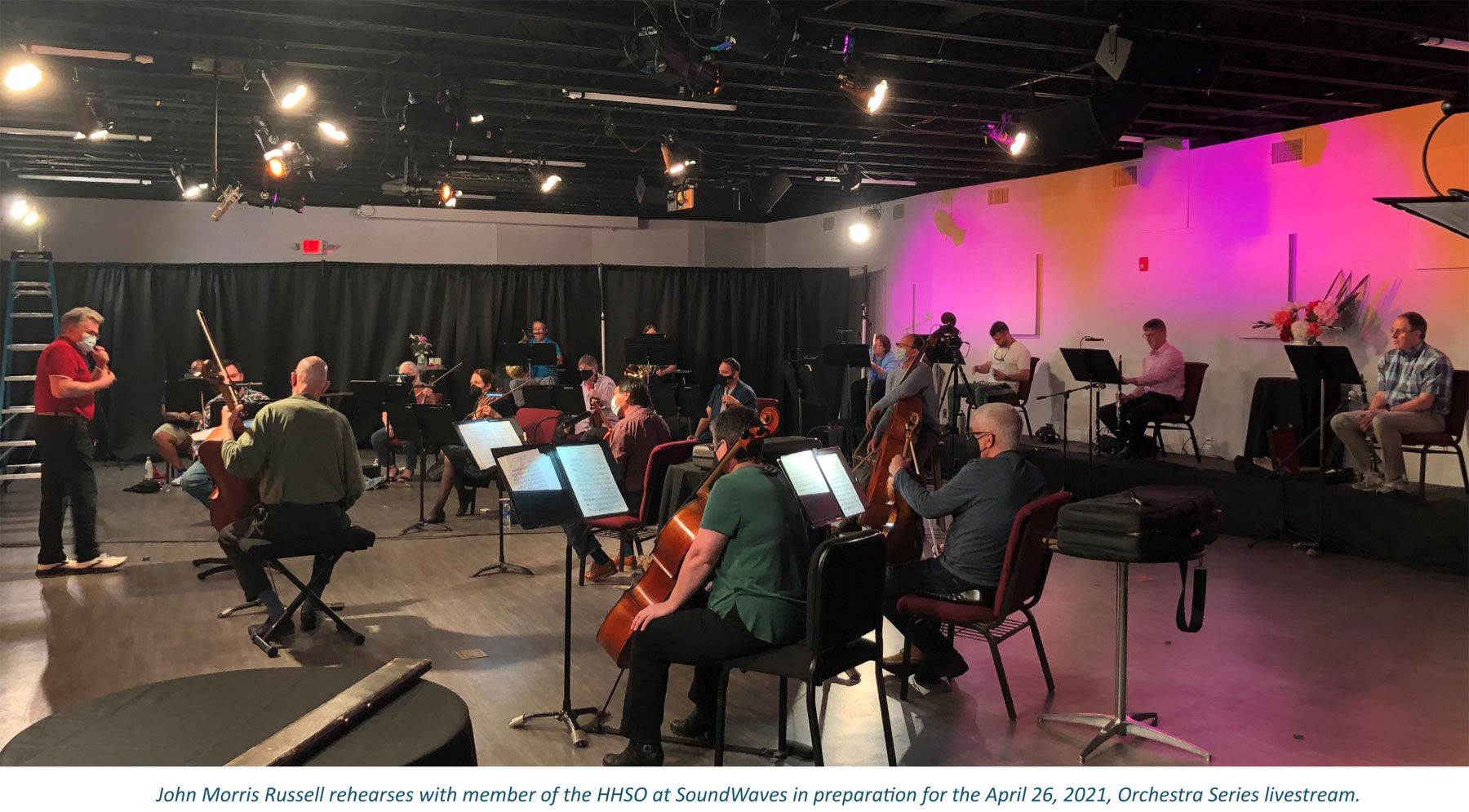 John Morris Russell rehearses with member of the HHSO at SoundWaves in preparation for the April 26, 2021, Orchestra Series livestream. 